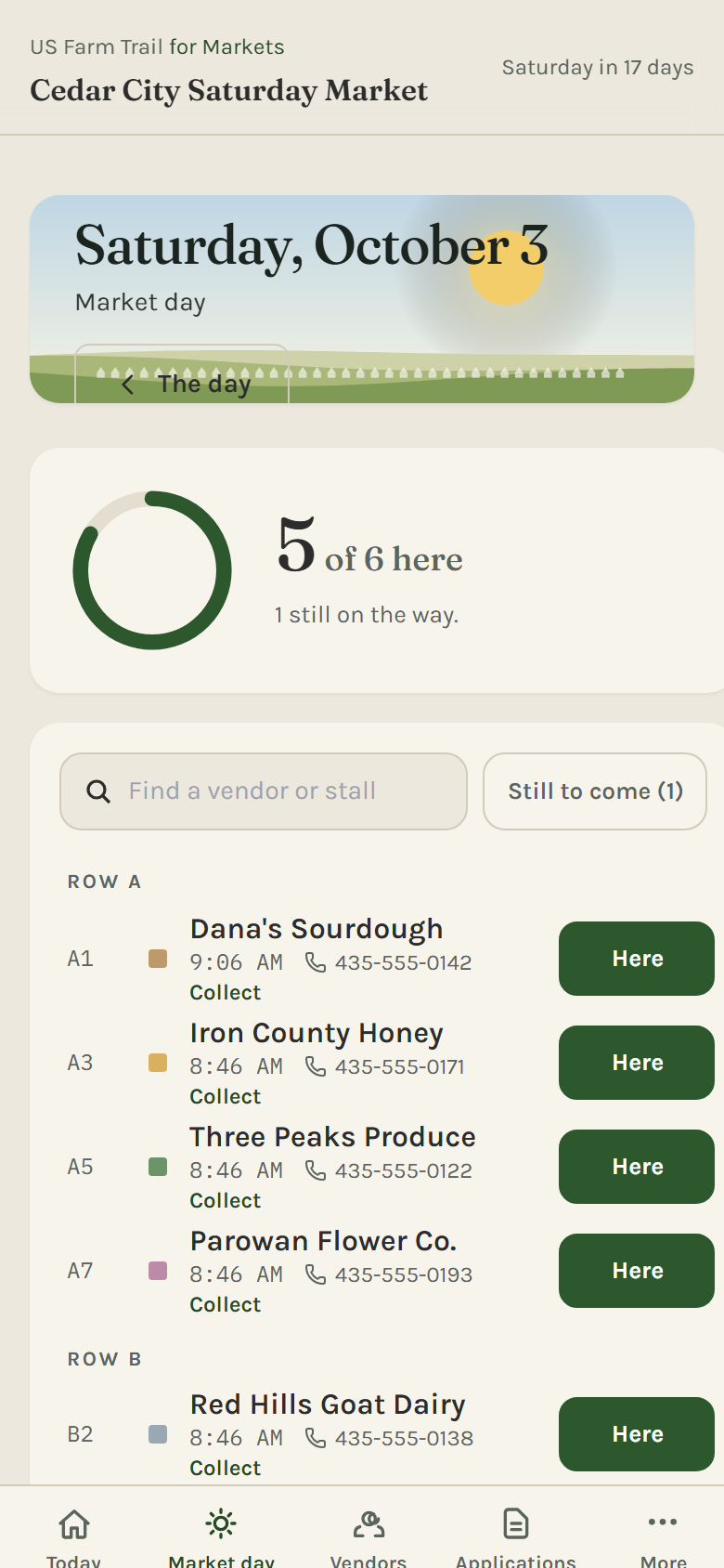 The market-morning board on a phone: 4 of 5 vendors here, and the check-in list