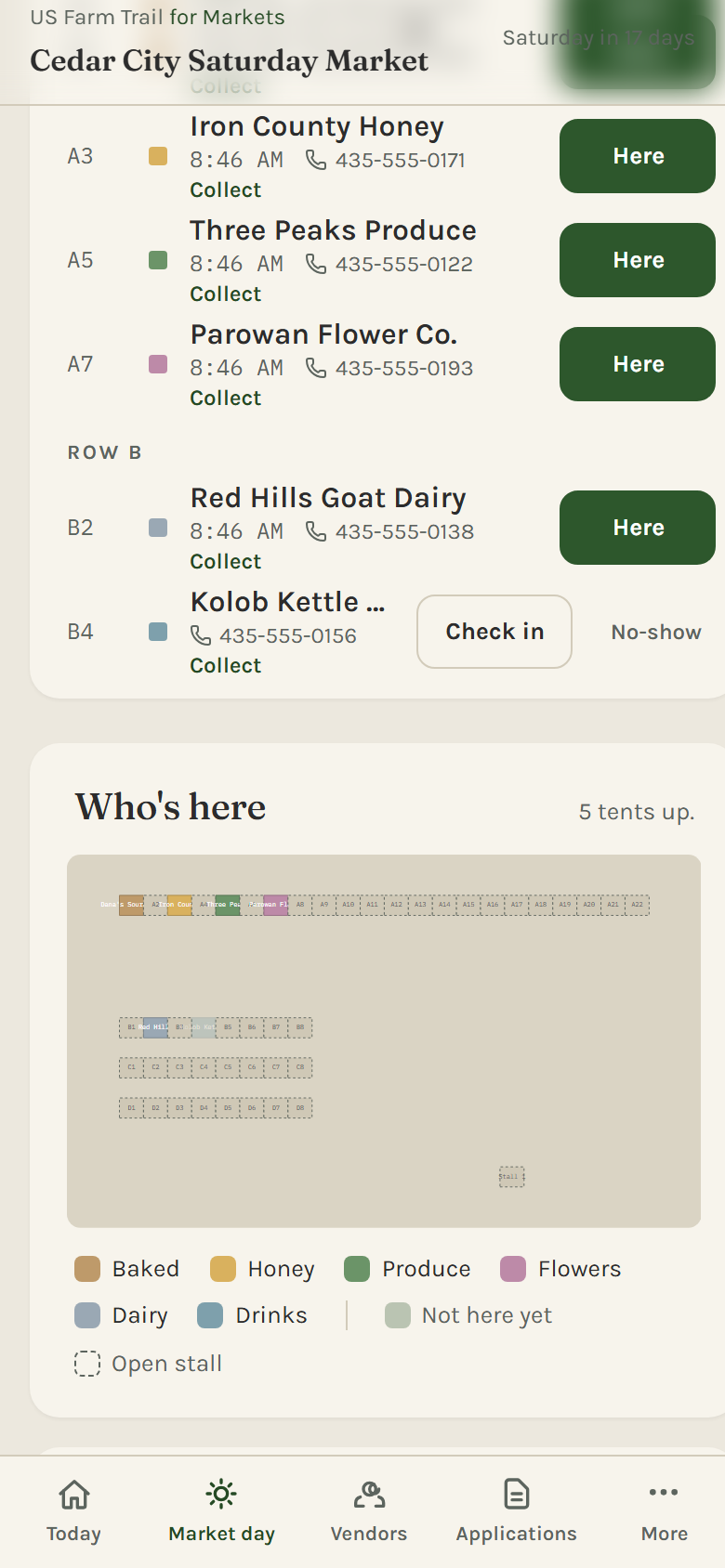 The market-morning board on a phone: the check-in list and the lot with tents lit