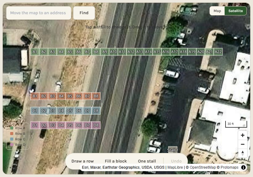 A row of 22 stalls and a block of 24 laid over a satellite view of Main Street