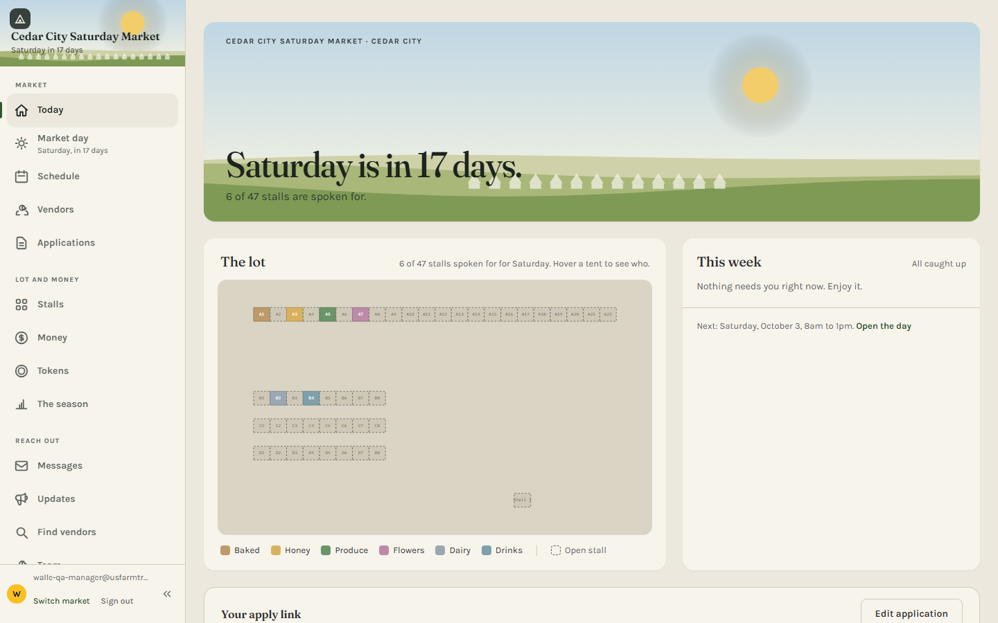 The Today page: the sky for the next market day, the lot drawing with tents, and the week's short list
