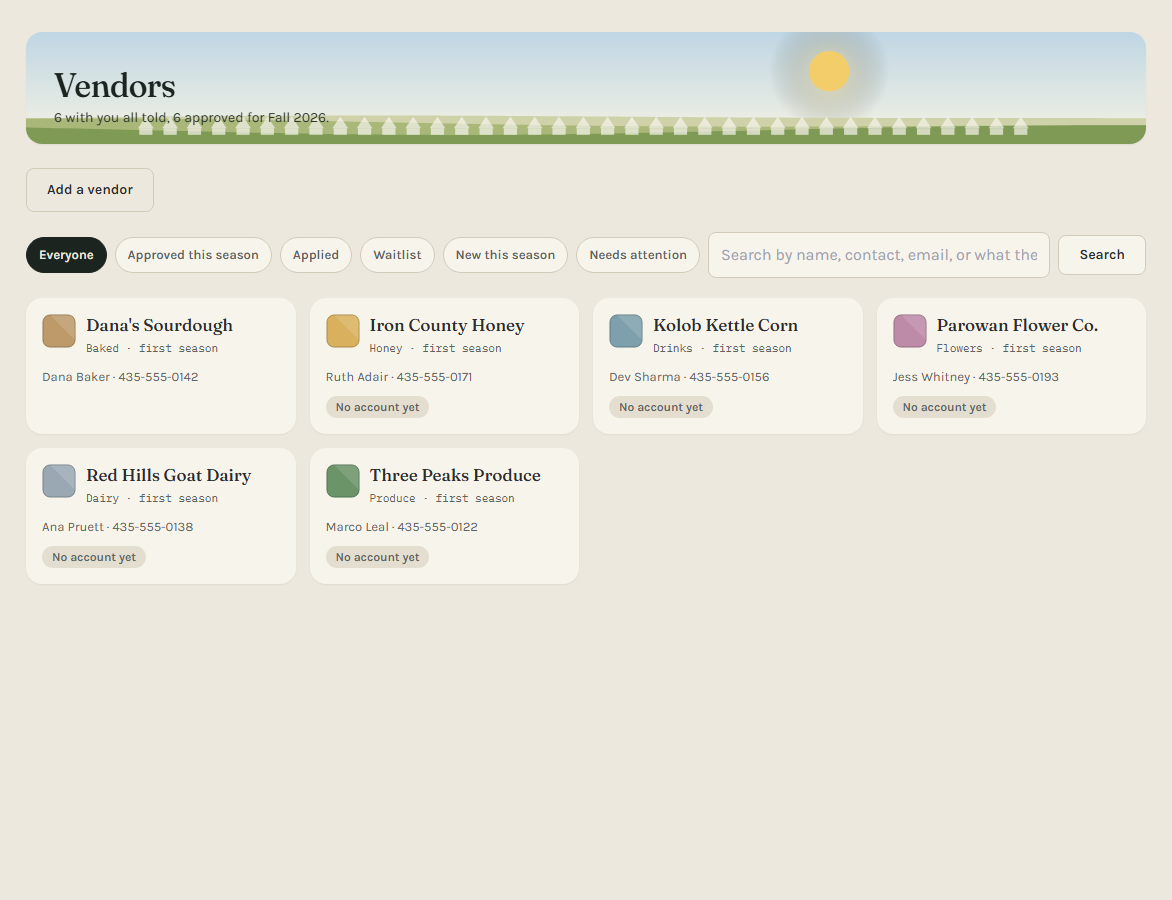 The vendor roster: six vendors, each with a category and a contact